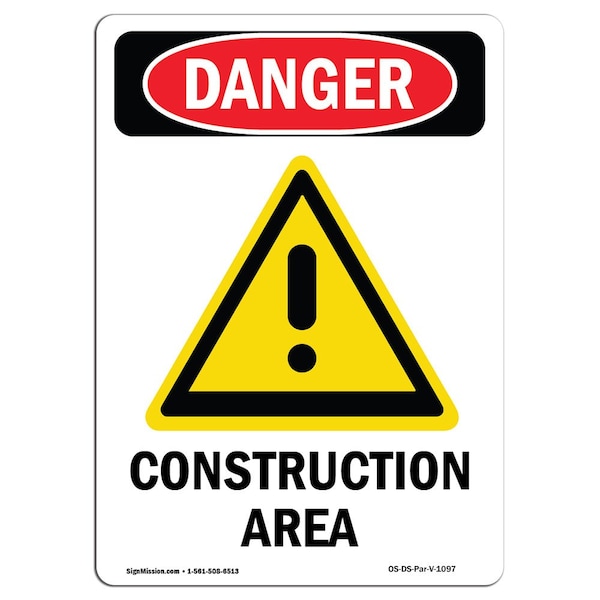 Safety Sign, OSHA Danger, 5" Height, Construction Area, Portrait, DS-D-35-V-1097-10PK